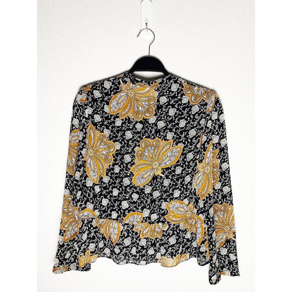 A.L.C. Women's Floral Lox Silk Top Black Gold Keyhole/V Neck Long Sleeve Peplum - Picture 6 of 13
